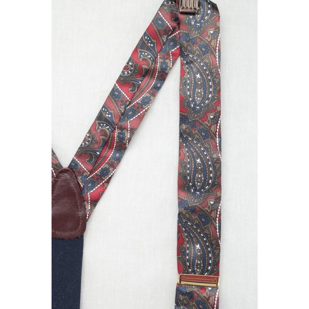 Vintage CAS Germany Suspenders Silk Burgundy Blue Paisley Gold Tone Hardware - Picture 2 of 5